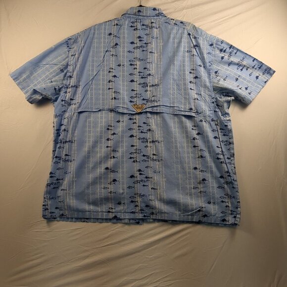 Columbia Mens PFG Shirt L Blue Button Up Fishing Short Sleeve Marlin Tuna Fish - Picture 2 of 13